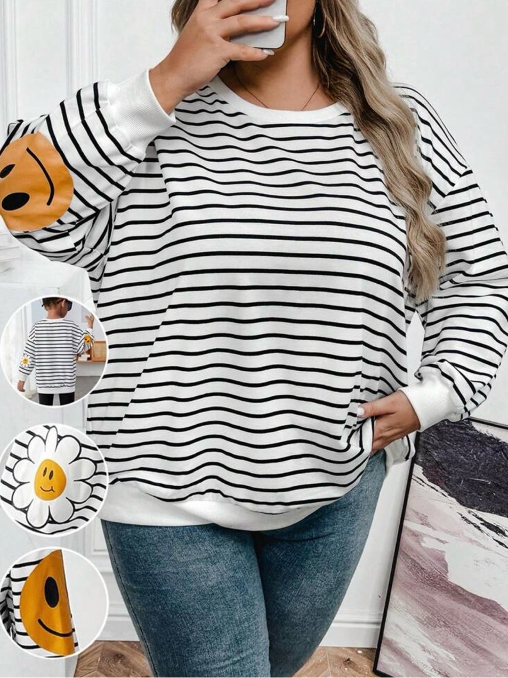 Black & White Striped Sweatshirt with Yellow Smiley & Daisy Elbow Patches